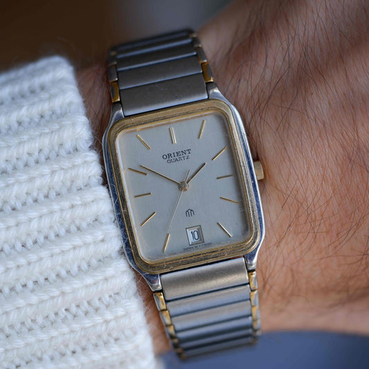 Vintage Orient Tank Style Gray Dial Two-Tone Quartz 80s