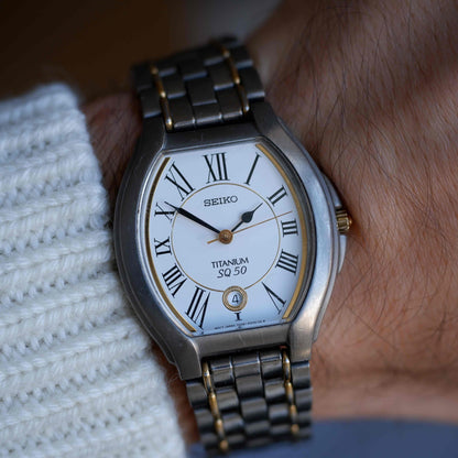 Vintage Seiko Tank Titanium SQ50 Date 90s Two-Tone White Roman Dial