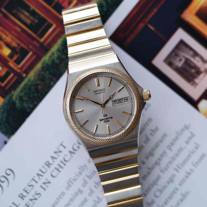 Vintage Seiko SQ100 Day and Date Quartz Two Tone Gold 80s