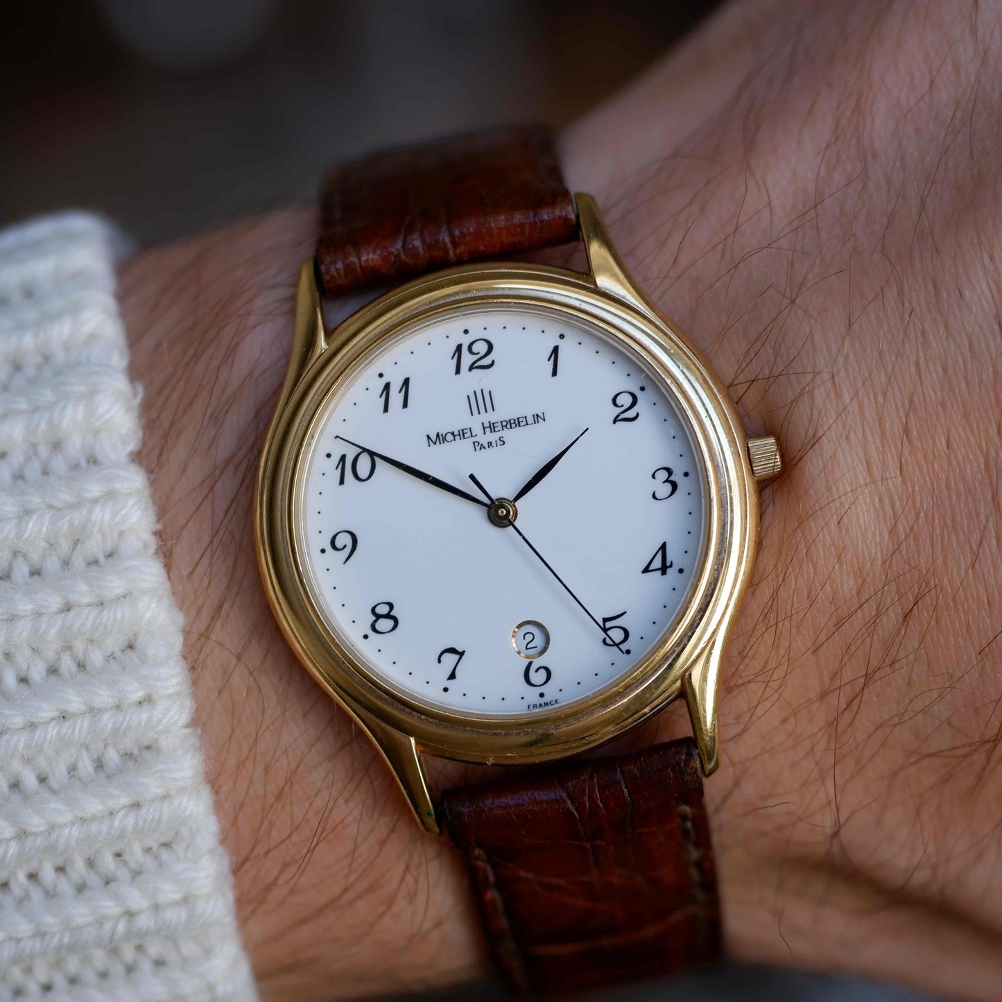 Vintage Michel Herbelin Classic Arabic Numerals Dial with Date 90s Golden