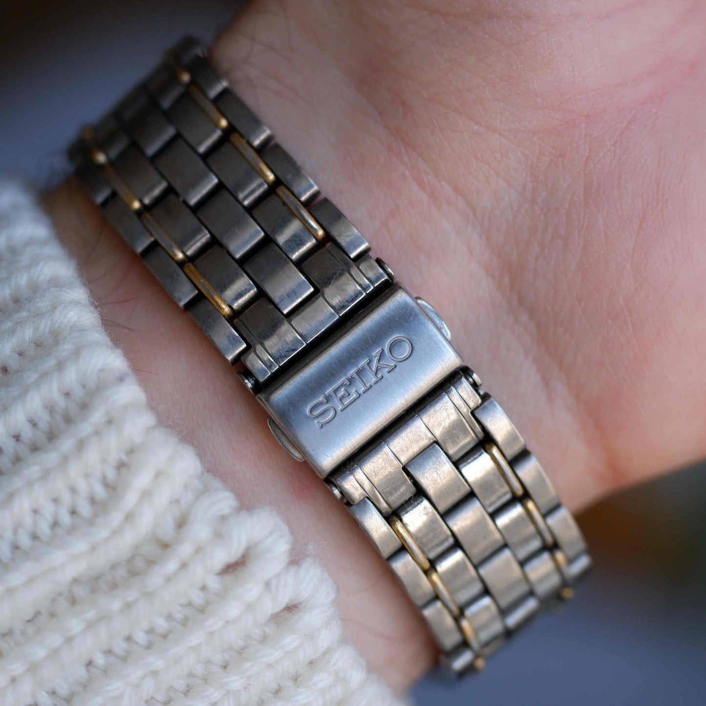 Vintage Seiko Tank Titanium SQ50 Date 90s Two-Tone White Roman Dial