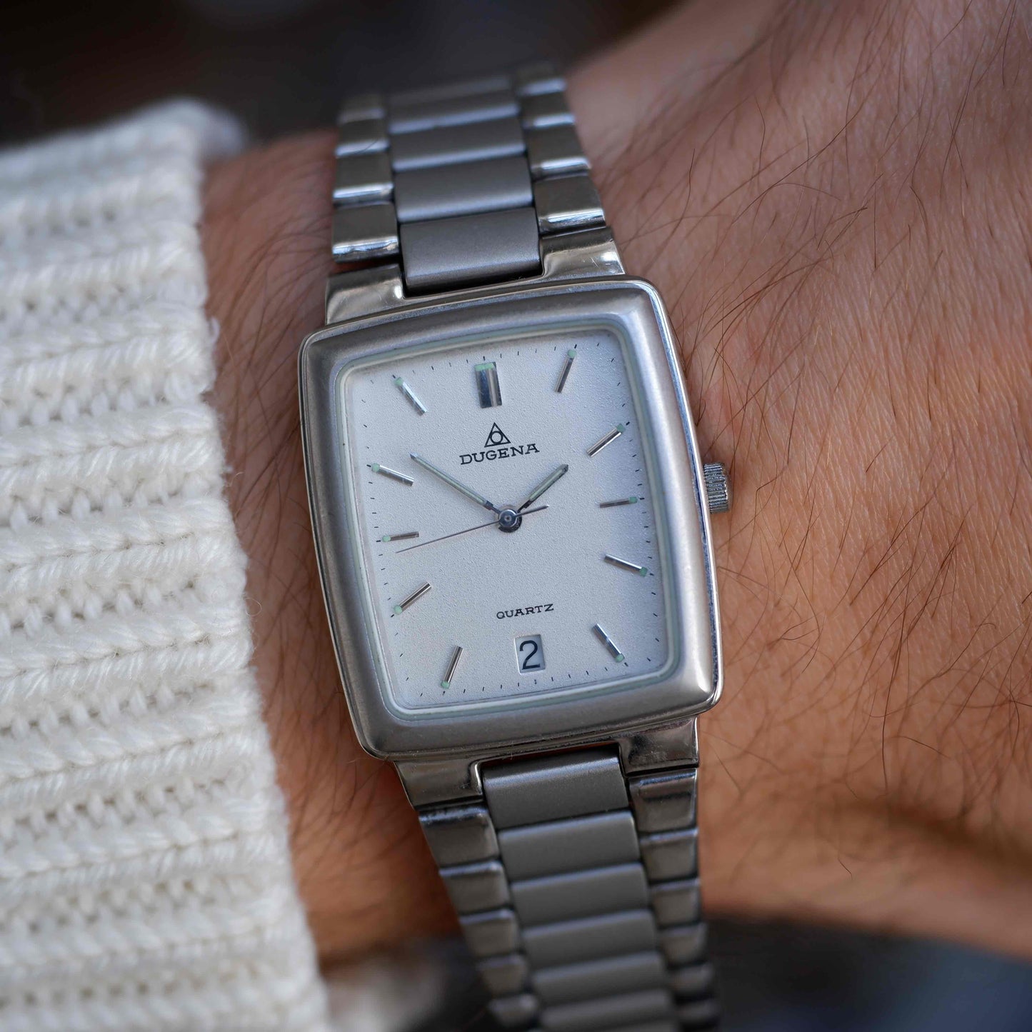 Vintage Dugena Tank Frosted White Dial Date and Steel Bracelet 80s