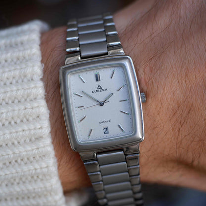 Vintage Dugena Tank Frosted White Dial Date and Steel Bracelet 80s