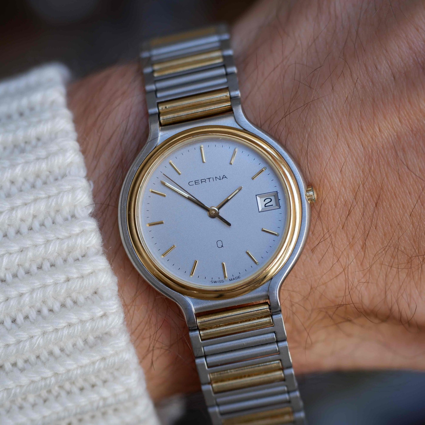 Vintage Certina Two-Tone 90s Watch Frosted Gray Dial Quartz Date