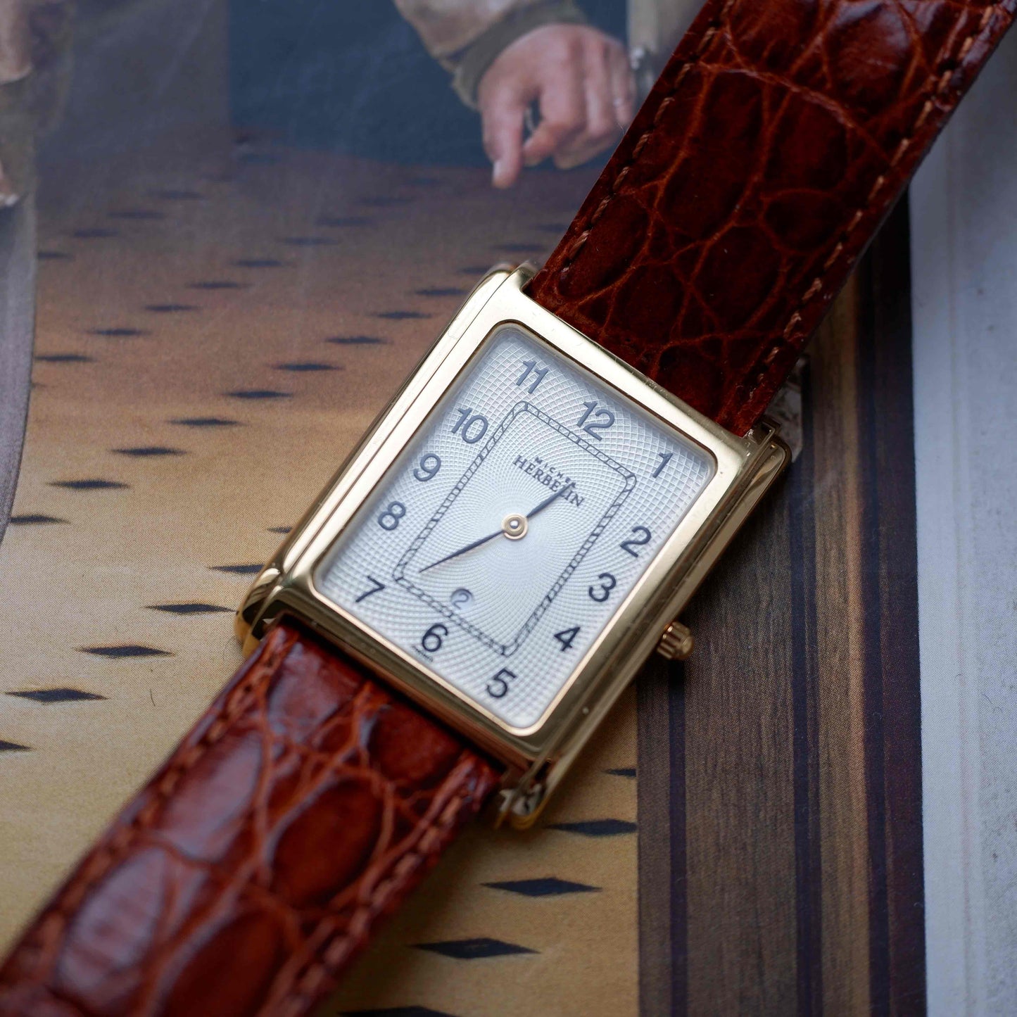 Vintage Michel Herbelin Tank Guilloche Dial 90s Golden - NOS