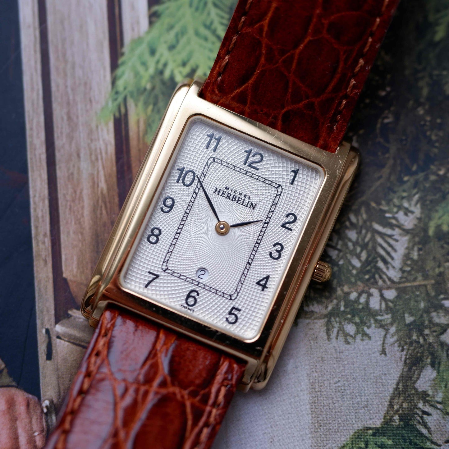 Vintage Michel Herbelin Tank Guilloche Dial 90s Golden - NOS