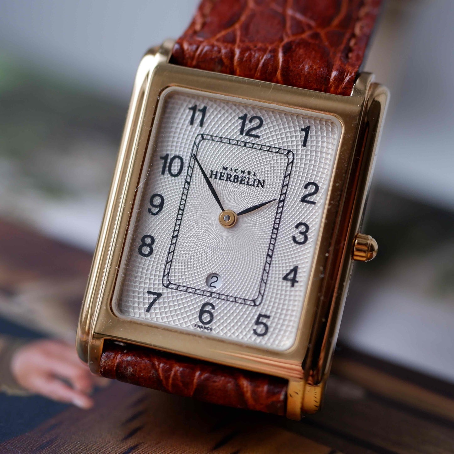 Vintage Michel Herbelin Tank Guilloche Dial 90s Golden - NOS