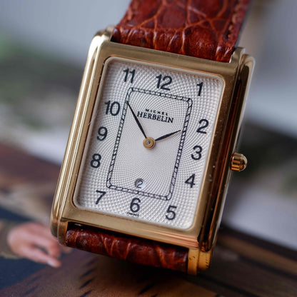 Vintage Michel Herbelin Tank Guilloche Dial 90s Golden - NOS