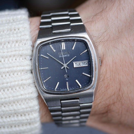 Vintage Seiko Sports SQ Ref. 4336-5010 Day and Date Blue Stripe Dial 80s