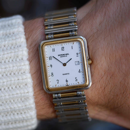 Vintage Raymond Weil Tank Dress Watch Two-Tone White Dial Arabic Numerals