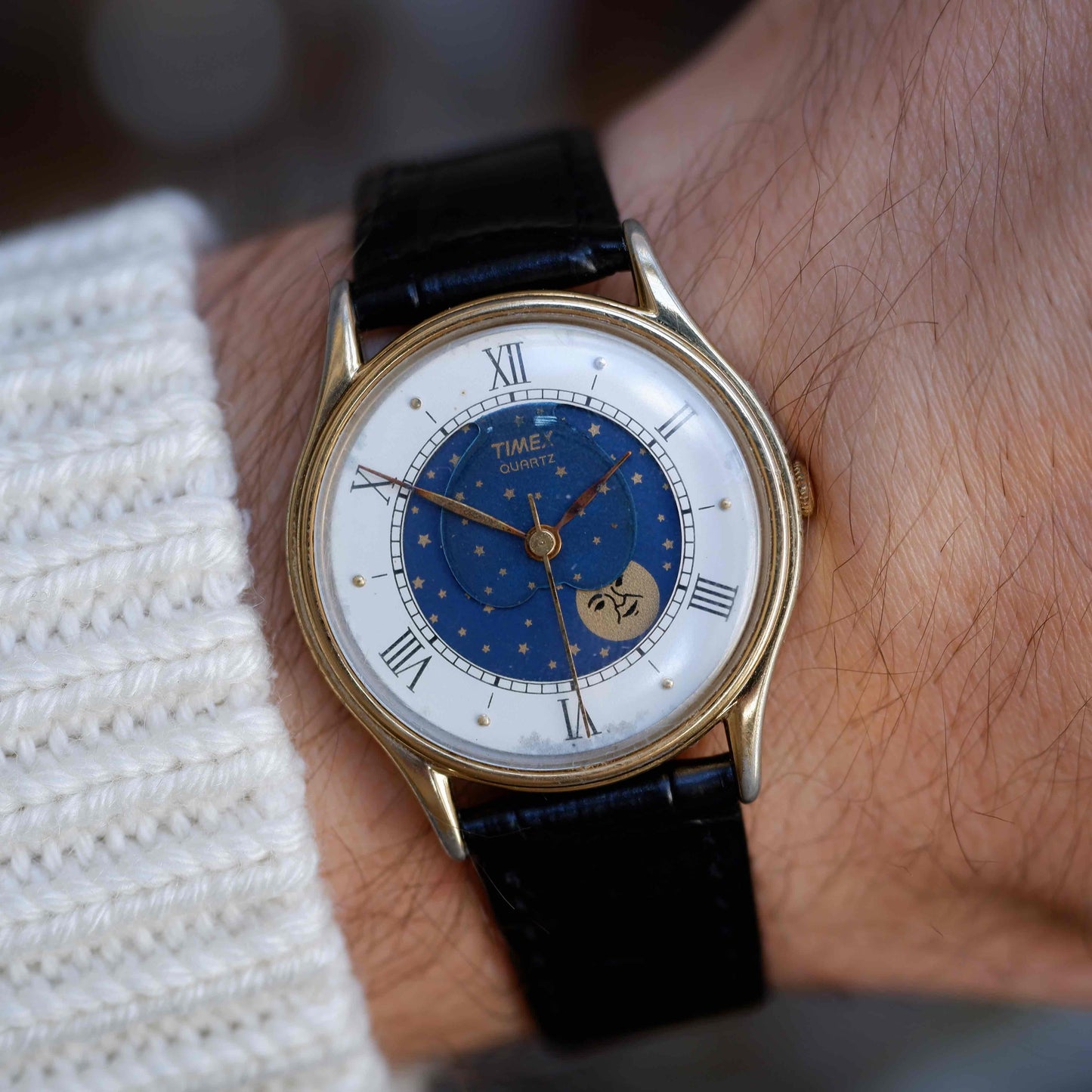 Vintage Timex Moonphase Blue Dial Watch 80s Gold Roman Numerals