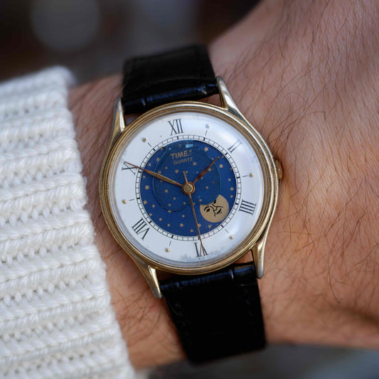 Vintage Timex Moonphase Blue Dial Watch 80s Gold Roman Numerals