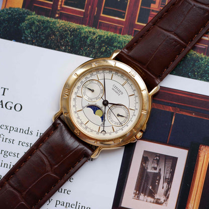 Vintage Citizen Moonphase Triple Calendar Watch 80s Gold Quartz