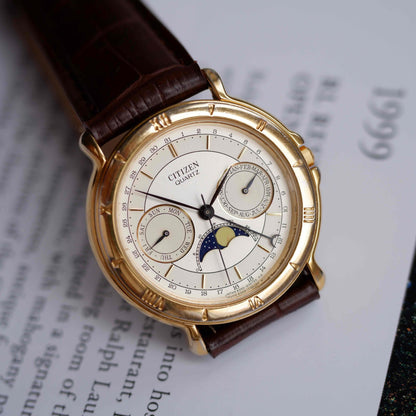 Vintage Citizen Moonphase Triple Calendar Watch 80s Gold Quartz