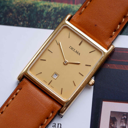 Vintage Delma Tank Style Watch 80s Gold Case Minimalist Swiss Quartz