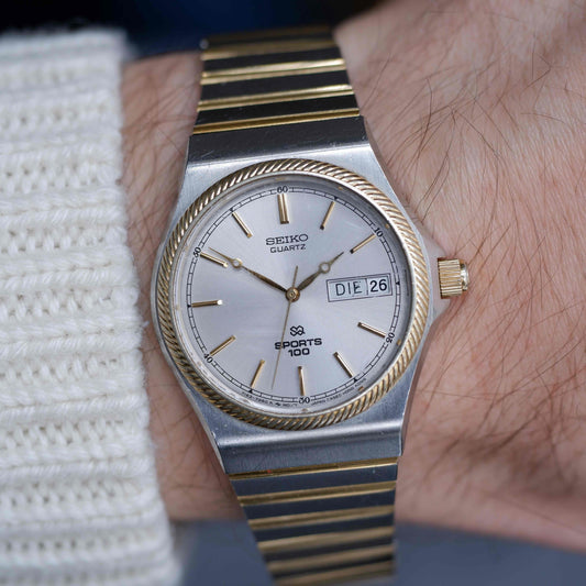 Vintage Seiko SQ100 Day and Date Quartz Two Tone Gold 80s