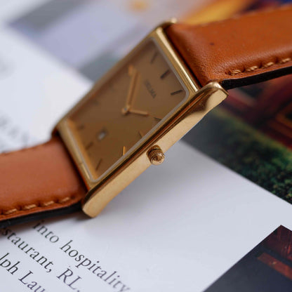 Vintage Delma Tank Style Watch 80s Gold Case Minimalist Swiss Quartz