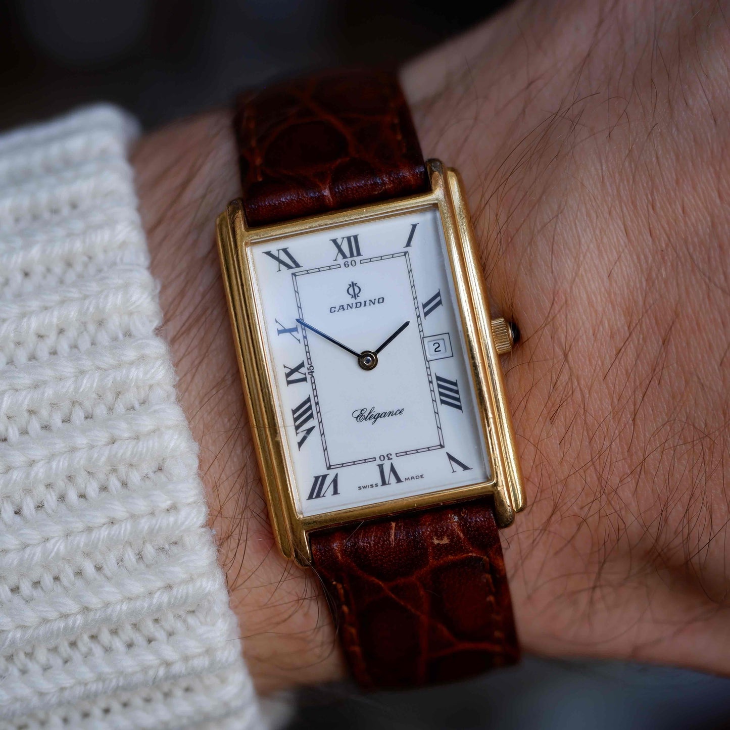 Vintage Candino Tank Style 90s White Dial Arabic Numerals with Date