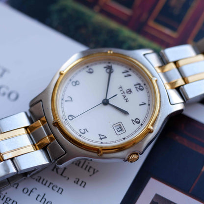 Vintage Titan Two Tone Quartz Watch 90s White Dial with Date