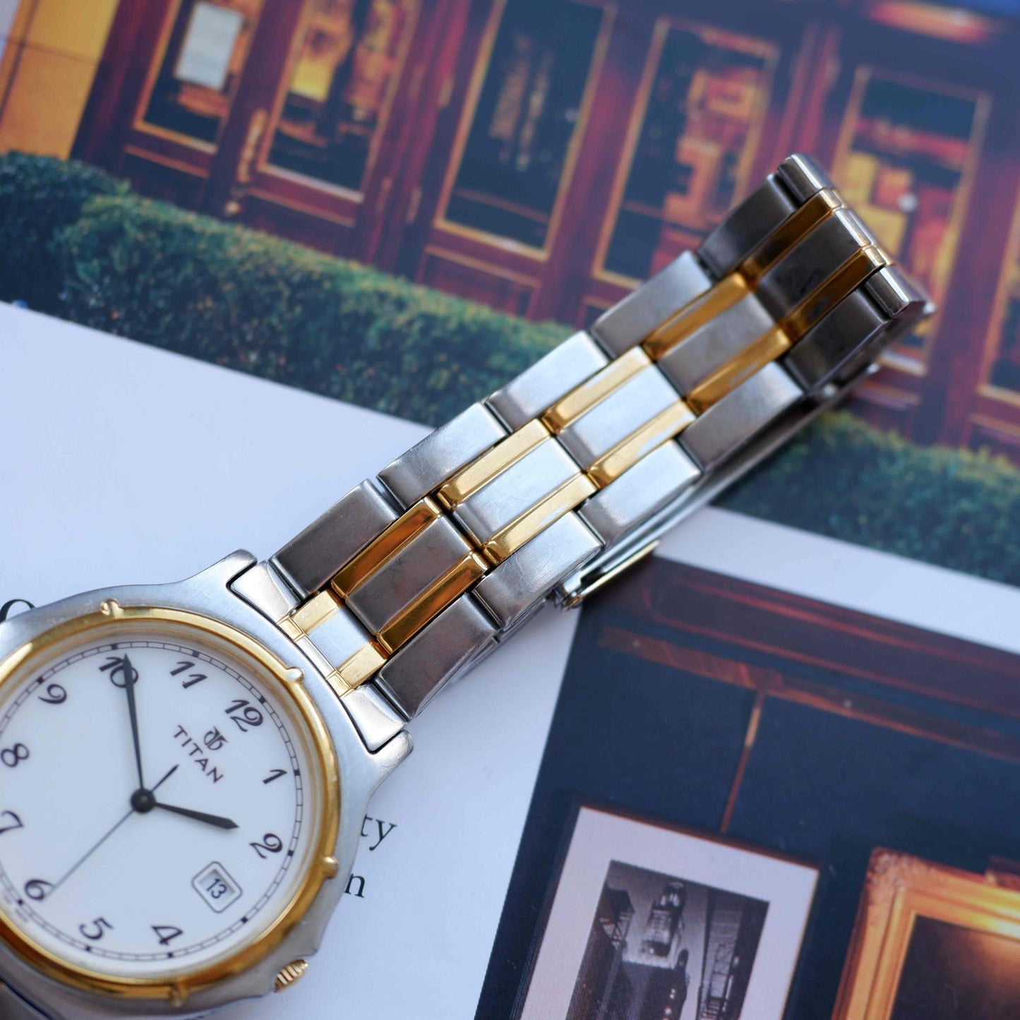 Vintage Titan Two Tone Quartz Watch 90s White Dial with Date