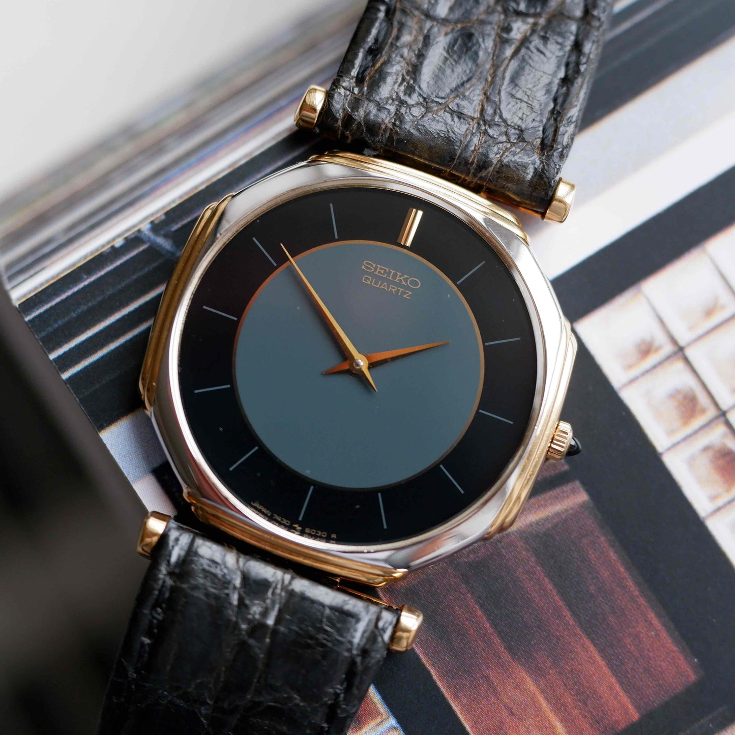 Vintage Seiko Slimline 80s Gold Two-Tone Midnight Blue Dial - NOS