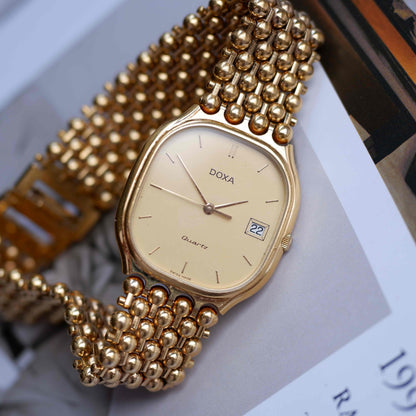 Vintage Doxa Gold Watch 80s Champagne Dial Bubble Bracelet Quartz