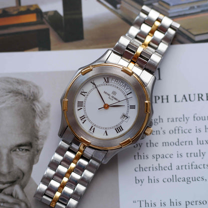 Vintage Michel Herbelin Day-Date Watch 90s Roman Dial Two Tone Quartz