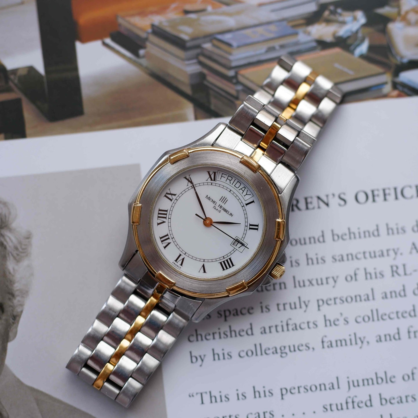 Vintage Michel Herbelin Day-Date Watch 90s Roman Dial Two Tone Quartz
