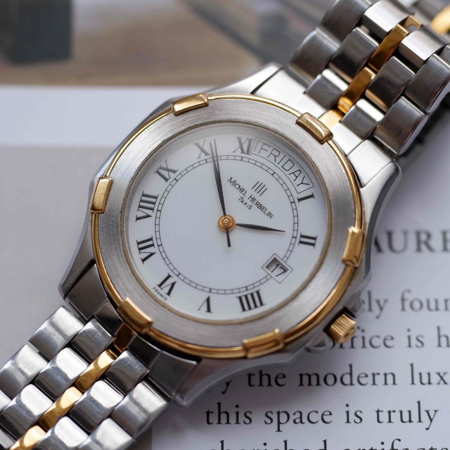 Vintage Michel Herbelin Day-Date Watch 90s Roman Dial Two Tone Quartz