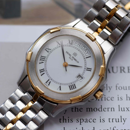 Vintage Michel Herbelin Day-Date Watch 90s Roman Dial Two Tone Quartz