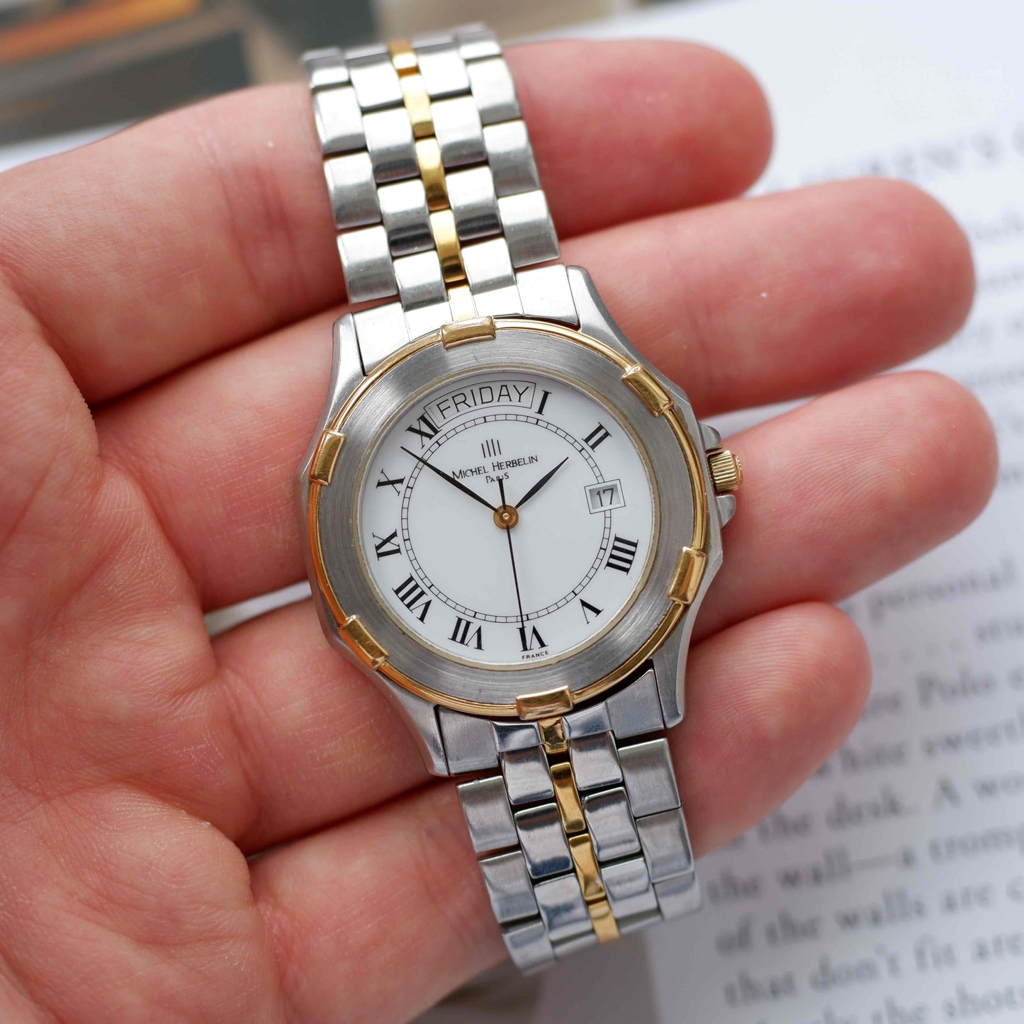 Vintage Michel Herbelin Day-Date Watch 90s Roman Dial Two Tone Quartz