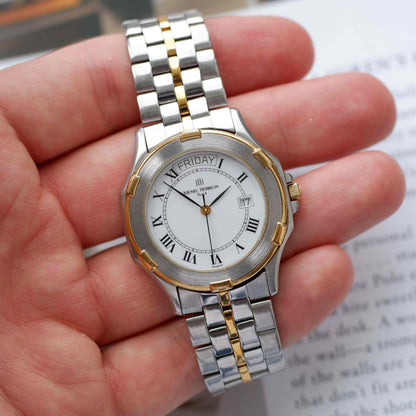 Vintage Michel Herbelin Day-Date Watch 90s Roman Dial Two Tone Quartz