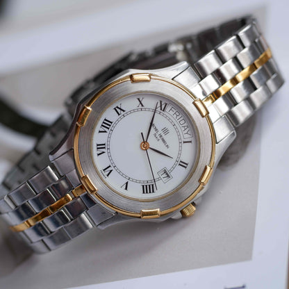 Vintage Michel Herbelin Day-Date Watch 90s Roman Dial Two Tone Quartz