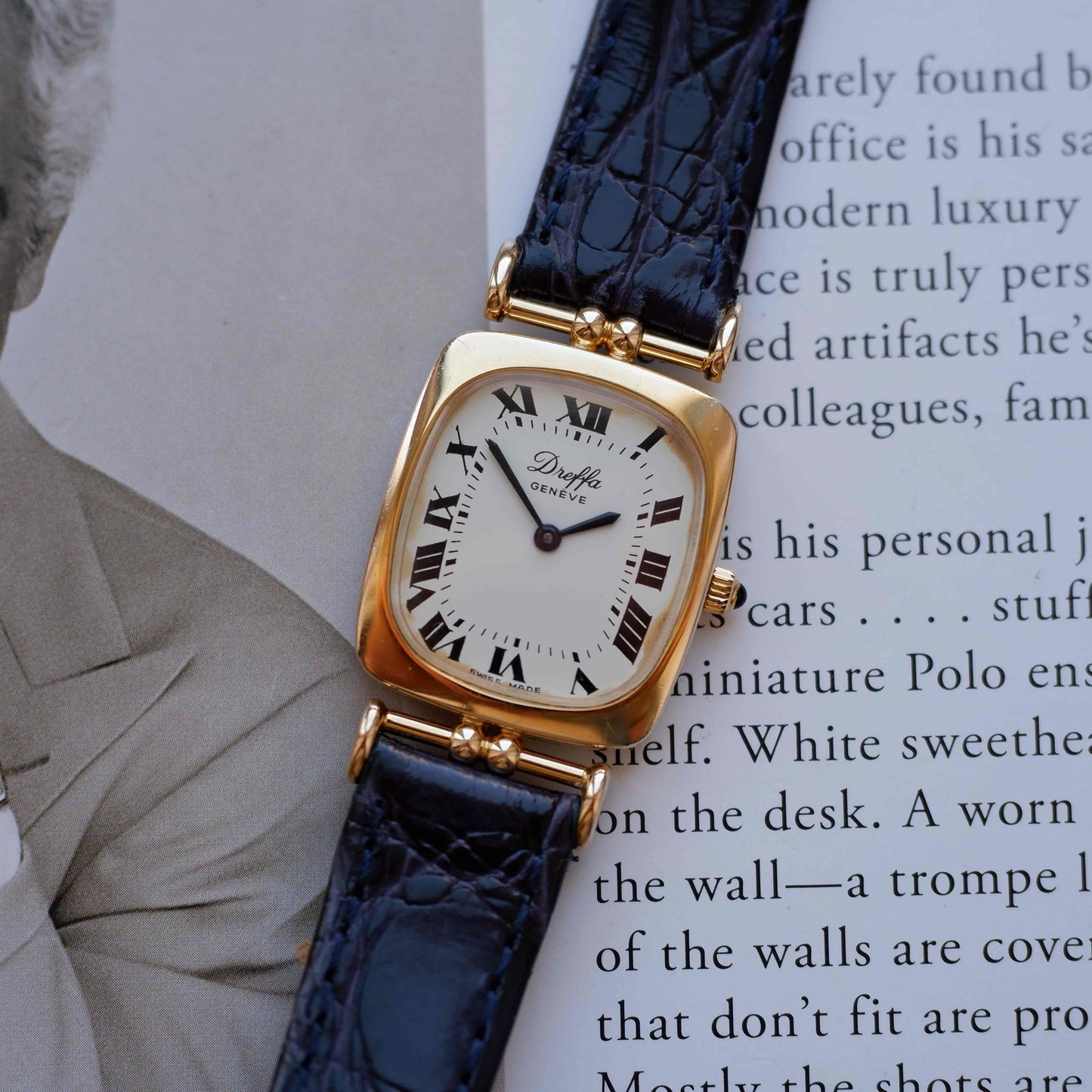 Vintage Dreffa Tank Dress Watch Articulated Lugs Mechanical Golden White Roman Dial