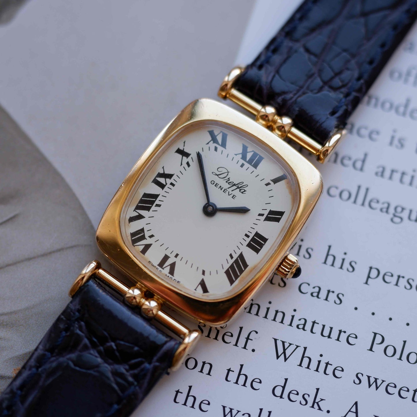 Vintage Dreffa Tank Dress Watch Articulated Lugs Mechanical Golden White Roman Dial