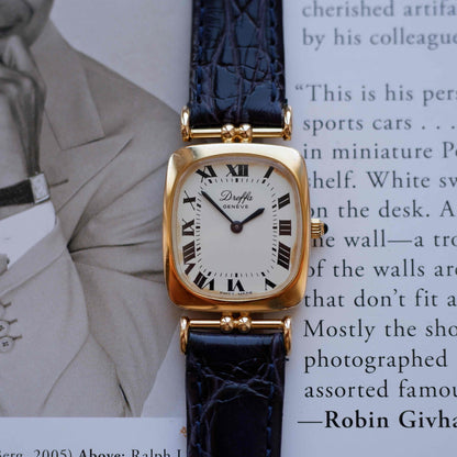 Vintage Dreffa Tank Dress Watch Articulated Lugs Mechanical Golden White Roman Dial