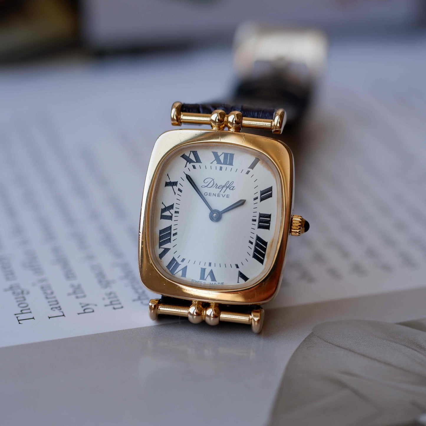 Vintage Dreffa Tank Dress Watch Articulated Lugs Mechanical Golden White Roman Dial