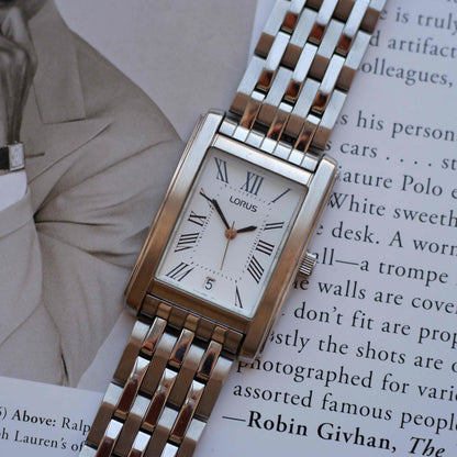 Vintage Lorus Tank White Roman Dial Date and Steel Bracelet 90s