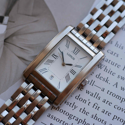 Vintage Lorus Tank White Roman Dial Date and Steel Bracelet 90s