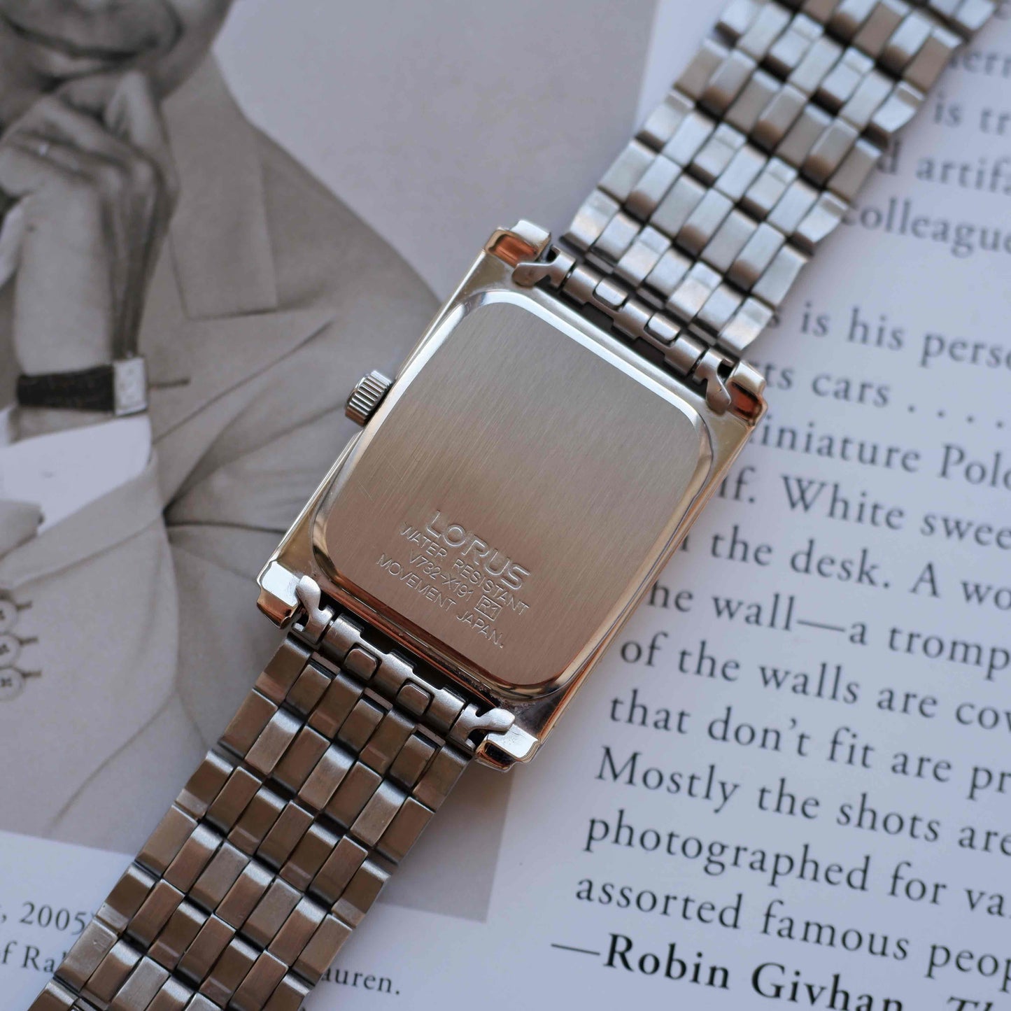 Vintage Lorus Tank White Roman Dial Date and Steel Bracelet 90s