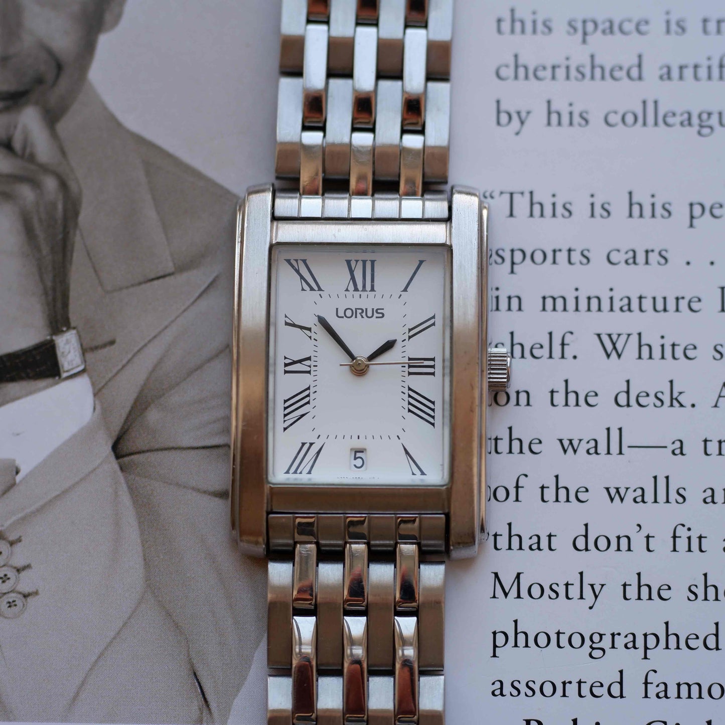 Vintage Lorus Tank White Roman Dial Date and Steel Bracelet 90s