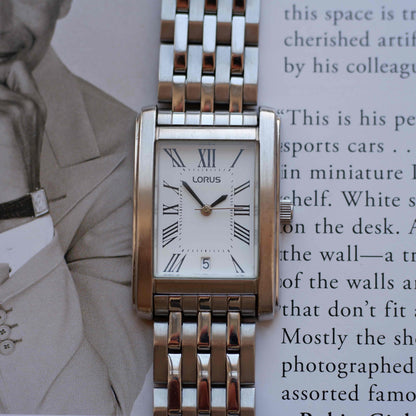 Vintage Lorus Tank White Roman Dial Date and Steel Bracelet 90s