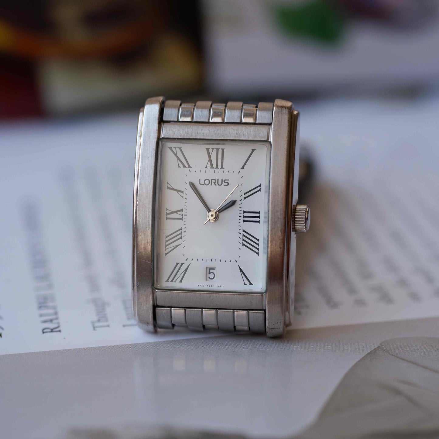 Vintage Lorus Tank White Roman Dial Date and Steel Bracelet 90s