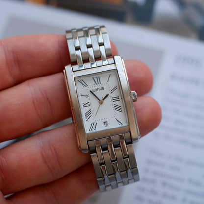 Vintage Lorus Tank White Roman Dial Date and Steel Bracelet 90s