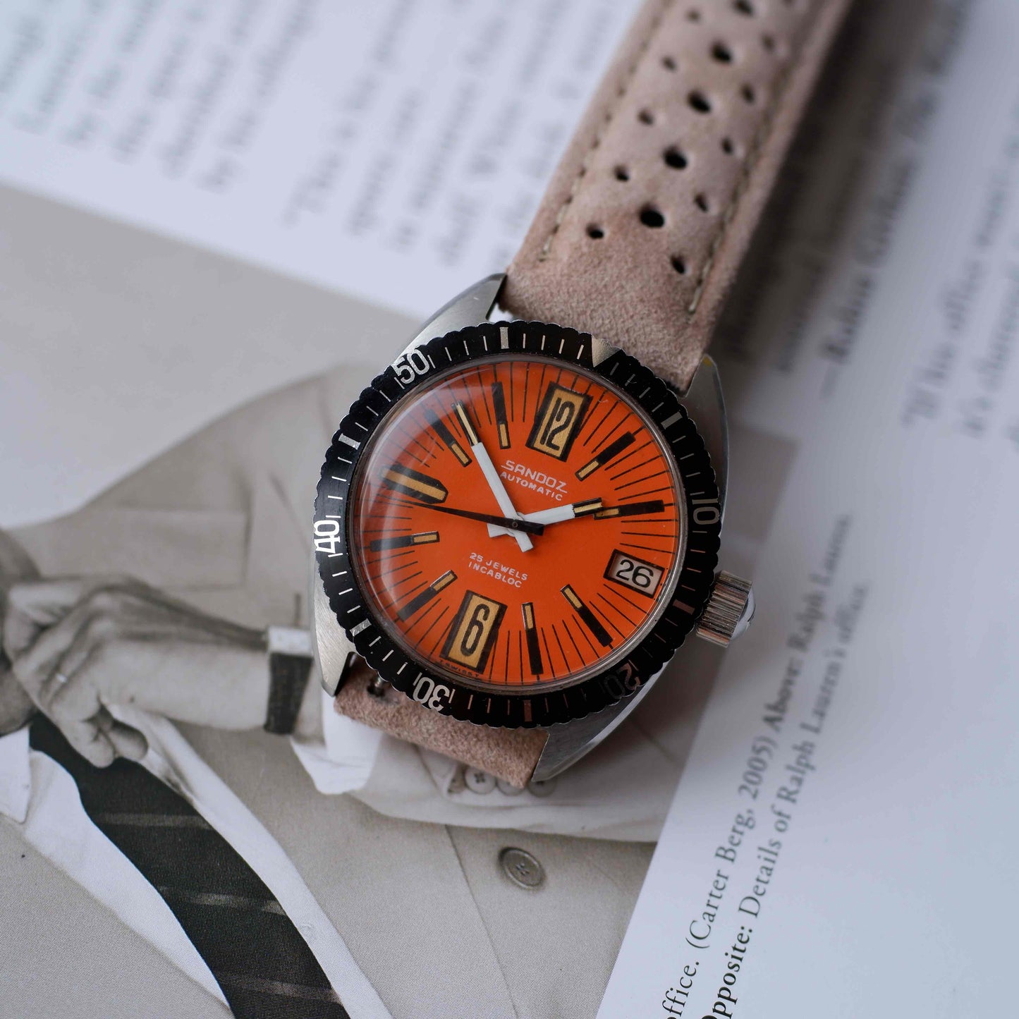 Vintage Sandoz 70s Skin Diver Automatic Orange Dial Date MINT