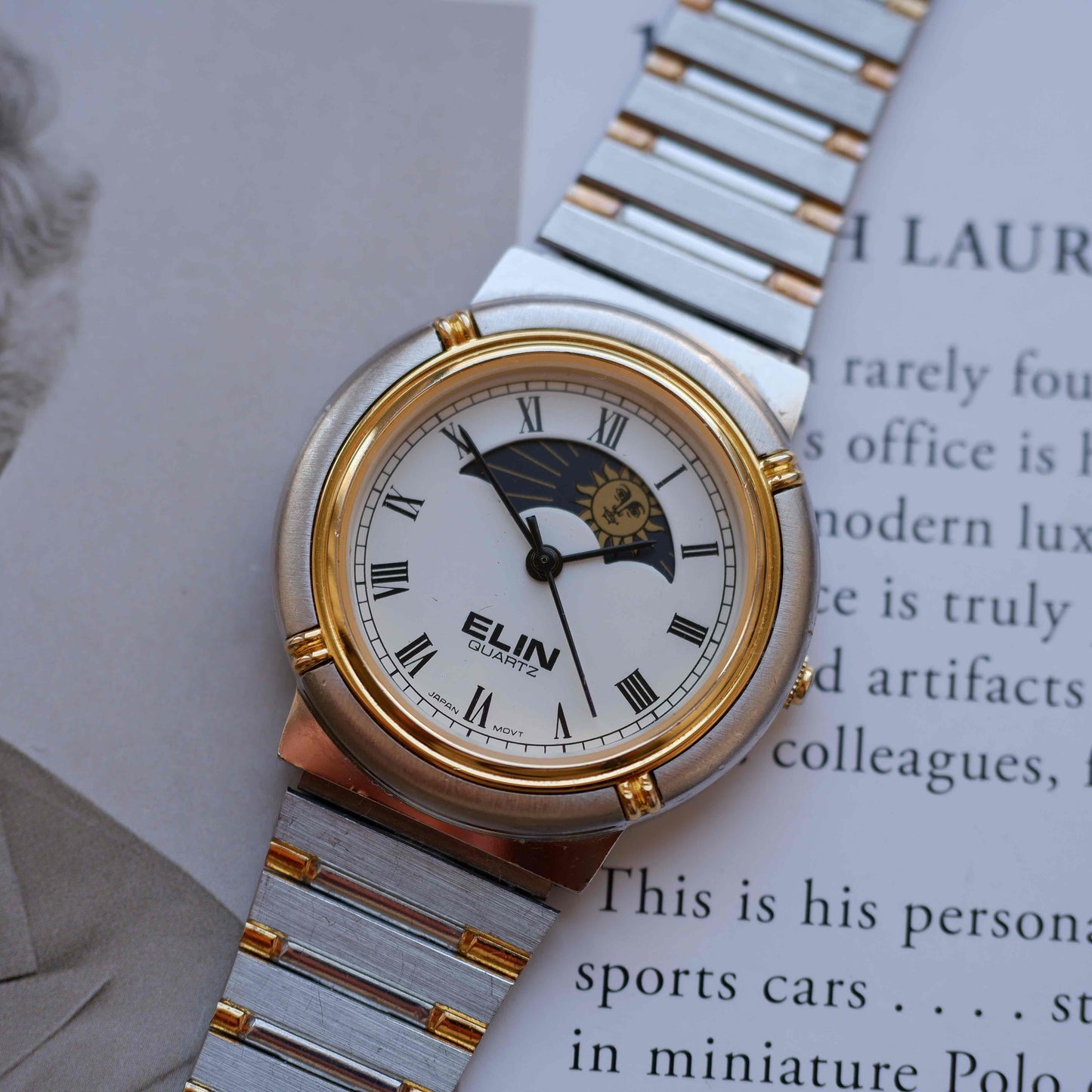 Vintage Elin Sun & Moon Two-Tone White Roman Dial 80s Golden - MINT