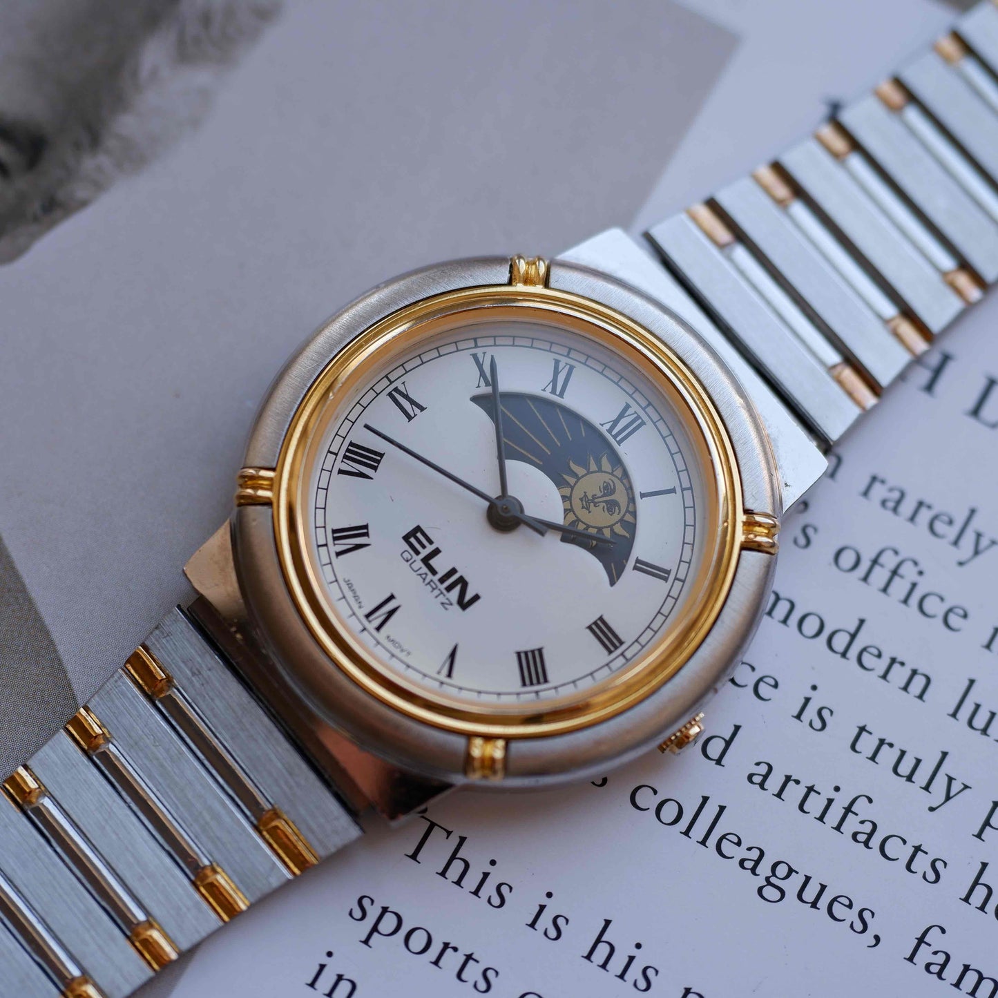 Vintage Elin Sun & Moon Two-Tone White Roman Dial 80s Golden - MINT