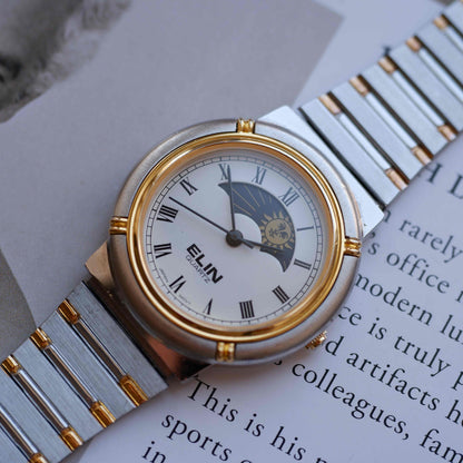 Vintage Elin Sun & Moon Two-Tone White Roman Dial 80s Golden - MINT