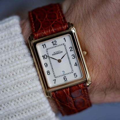 Vintage Michel Herbelin Tank Guilloche Dial 90s Golden - NOS