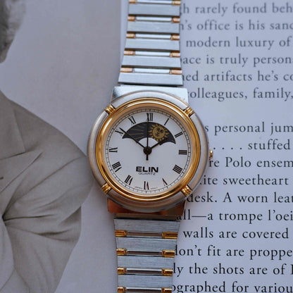 Vintage Elin Sun & Moon Two-Tone White Roman Dial 80s Golden - MINT